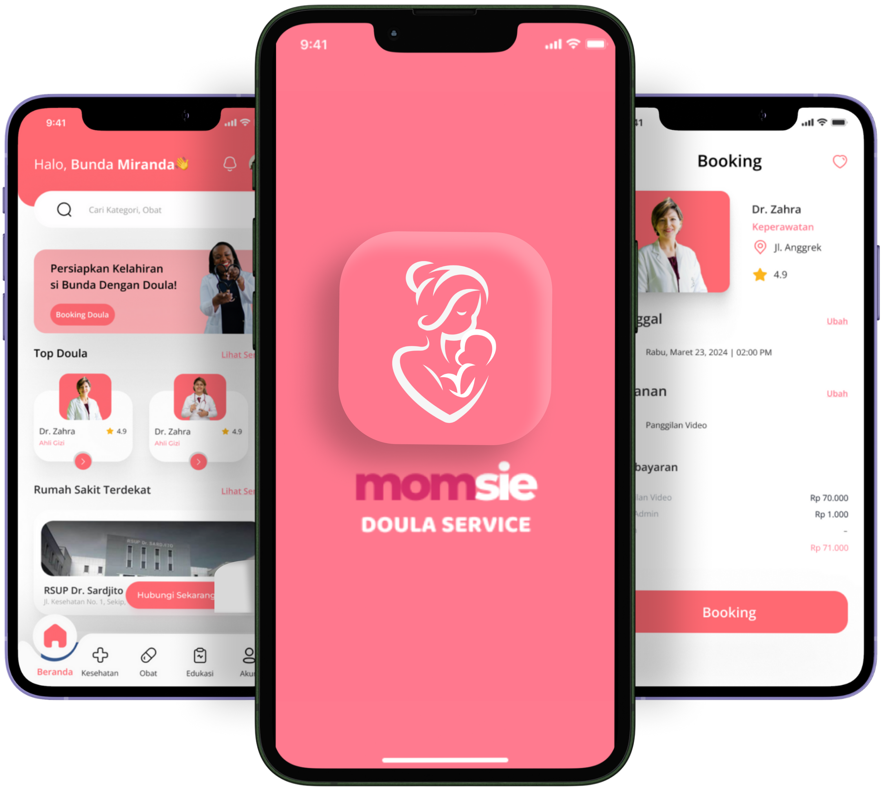 Tampilan aplikasi Momsie — Platform Doula digital #1 di Indonesia, menampilkan dashboard utama, layanan booking doula, dan fitur kesehatan ibu hamil